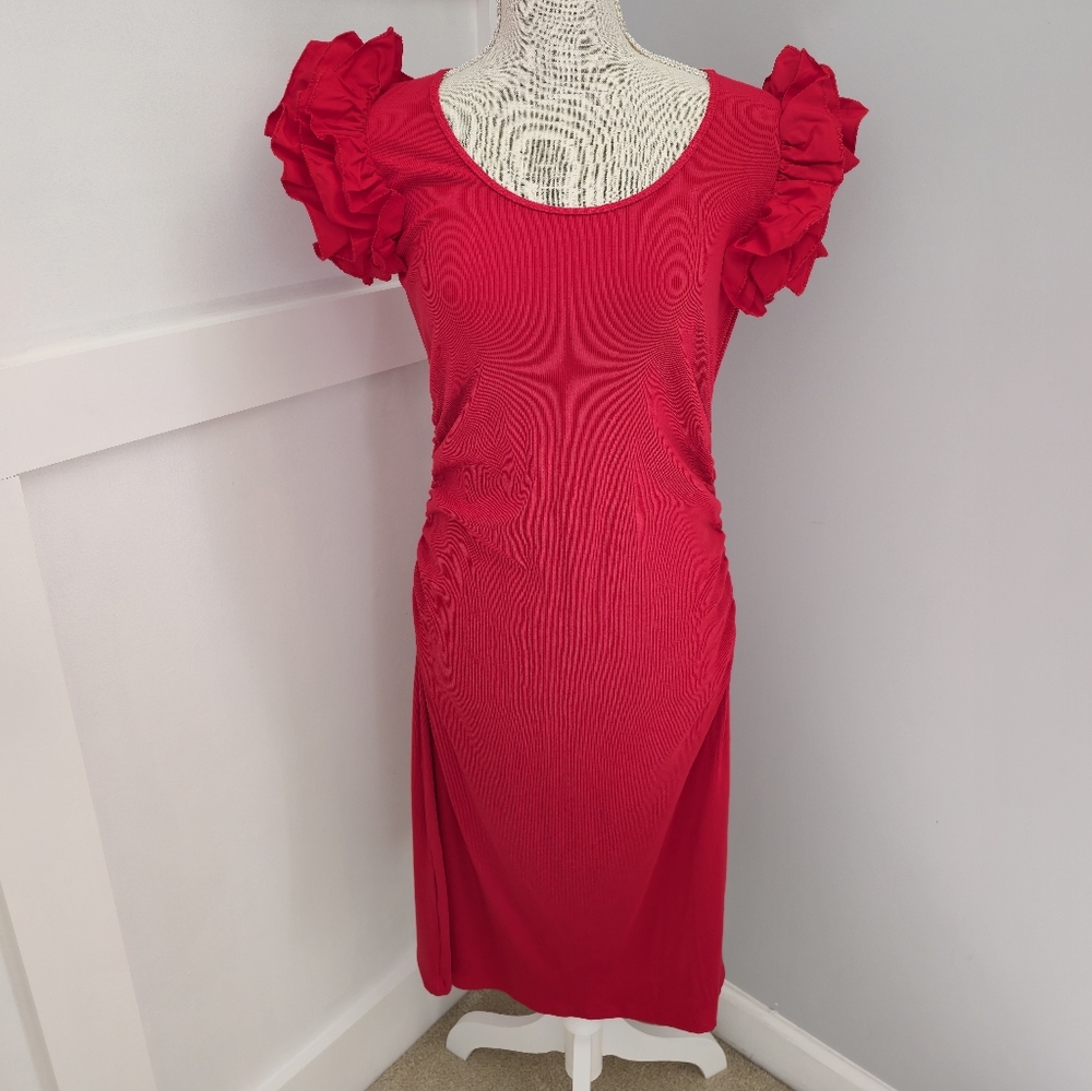 Boston Proper Vibrant Red Midi Dress with Ruffle Sleeves